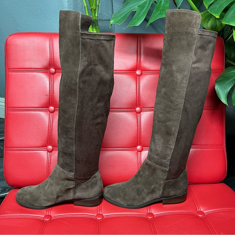 LUCKY BRAND Calypso Brown Suede OTK Boots Sz8.5 NWOB Stretch Panel StepShaft Top - Picture 5 of 14